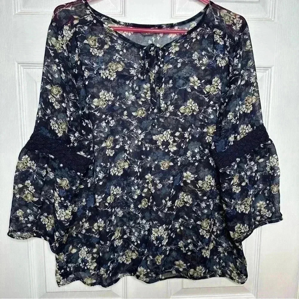 Denver Hayes Boho Blouse Sheet Flowy Floral Blue/White/Brown Size Extra Large - Picture 1 of 16